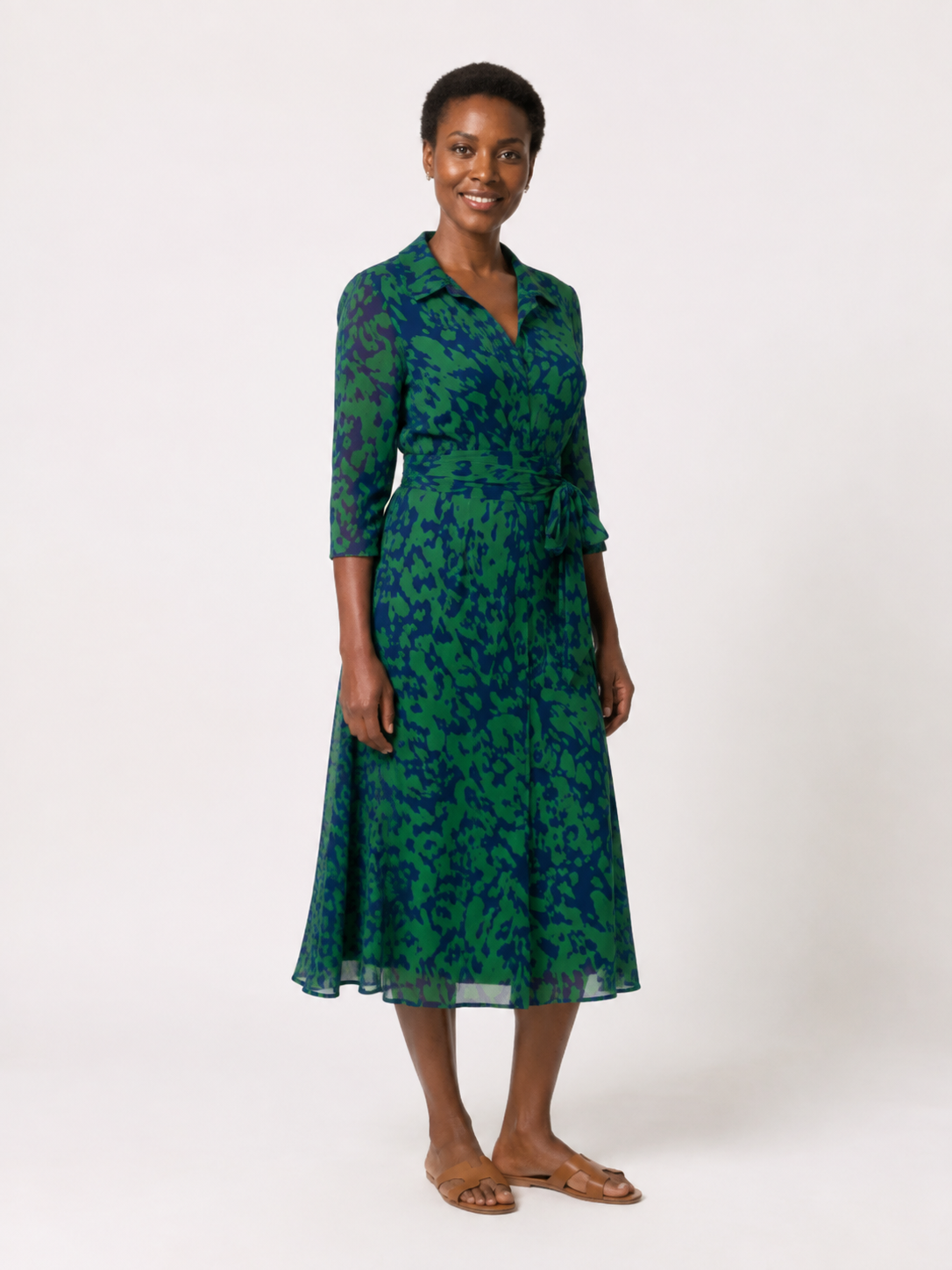 Oriana | Collared Long Sleeve Waist Tie Midi Dress