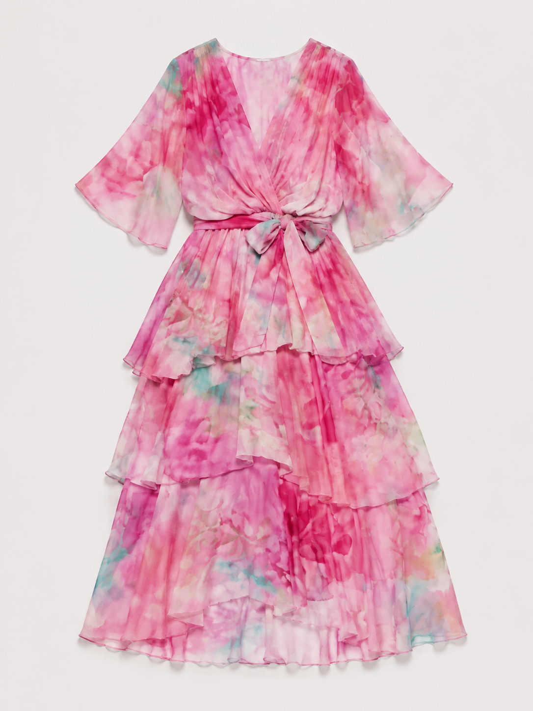 Calista | Sheer Layered V Neck Tie Waist Maxi Dress