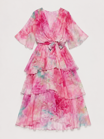 Calista | Sheer Layered V Neck Tie Waist Maxi Dress