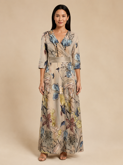 Margaret | Three Quarter Sleeve Floral Maxi Wrap Dress