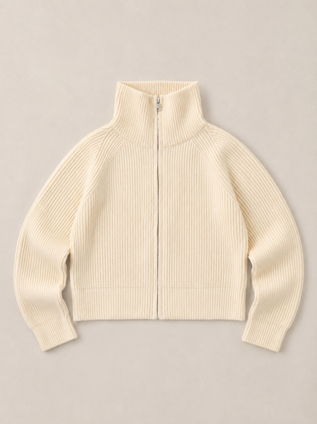 Knit Funnel Neck Zip Up Jacket - Cream