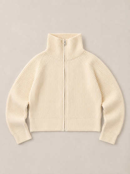 Knit Funnel Neck Zip Up Jacket - Cream