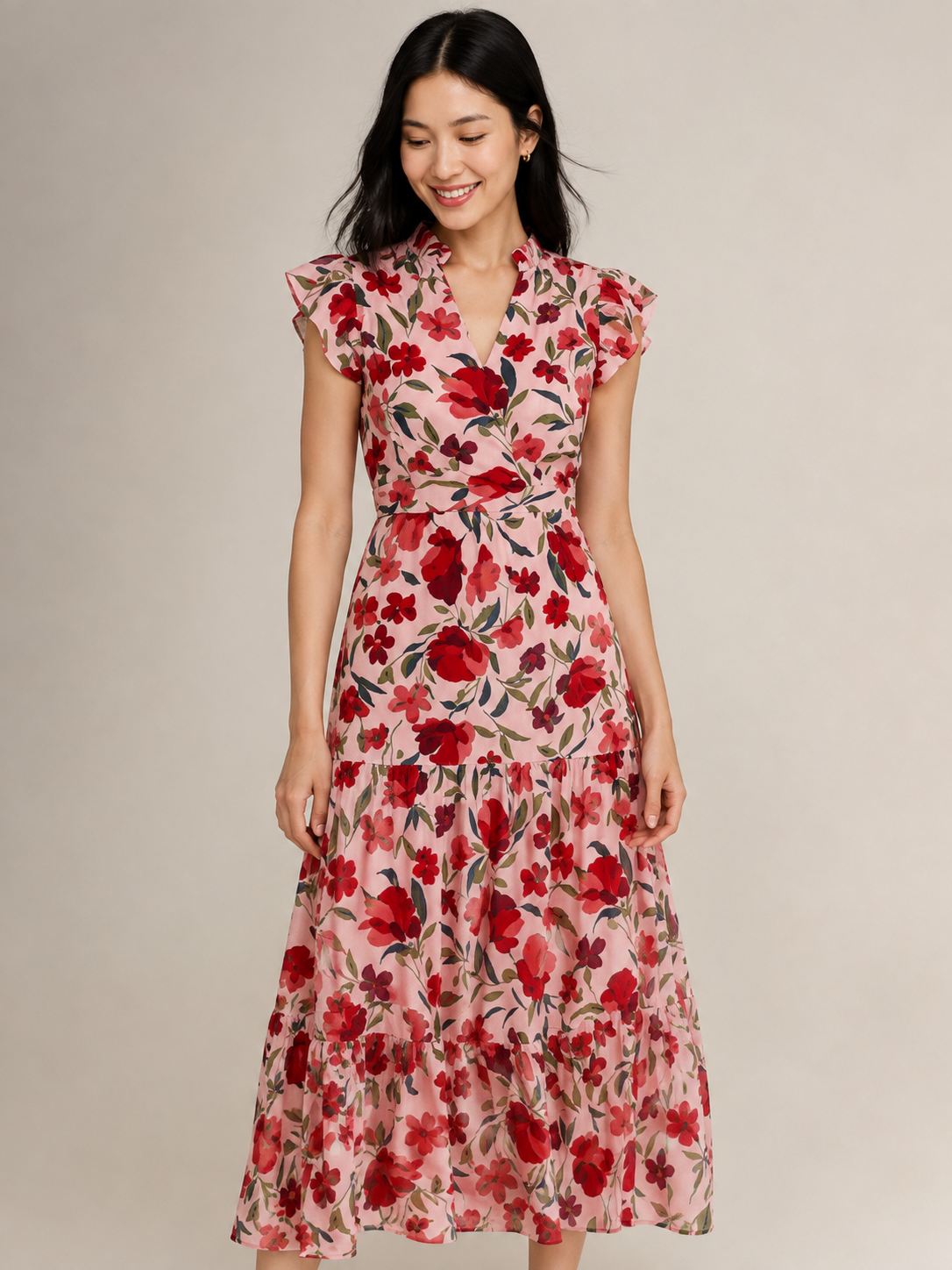 Lila | Floral V-Neck Tiered Midi Dress
