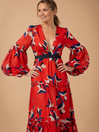 Isolde | V Neck Tie Waist Long Sleeve Maxi Dress