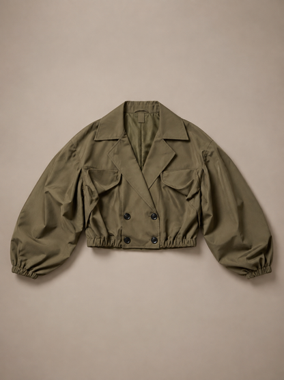 Balloon Sleeve Cropped Trench Jacket - Khaki