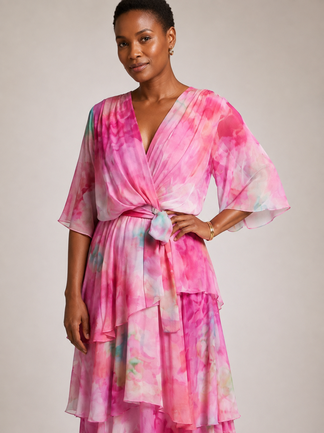Calista | Sheer Layered V Neck Tie Waist Maxi Dress