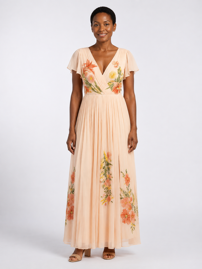 Calista | V Neck Short Sleeve Pleated Floral Maxi Dress