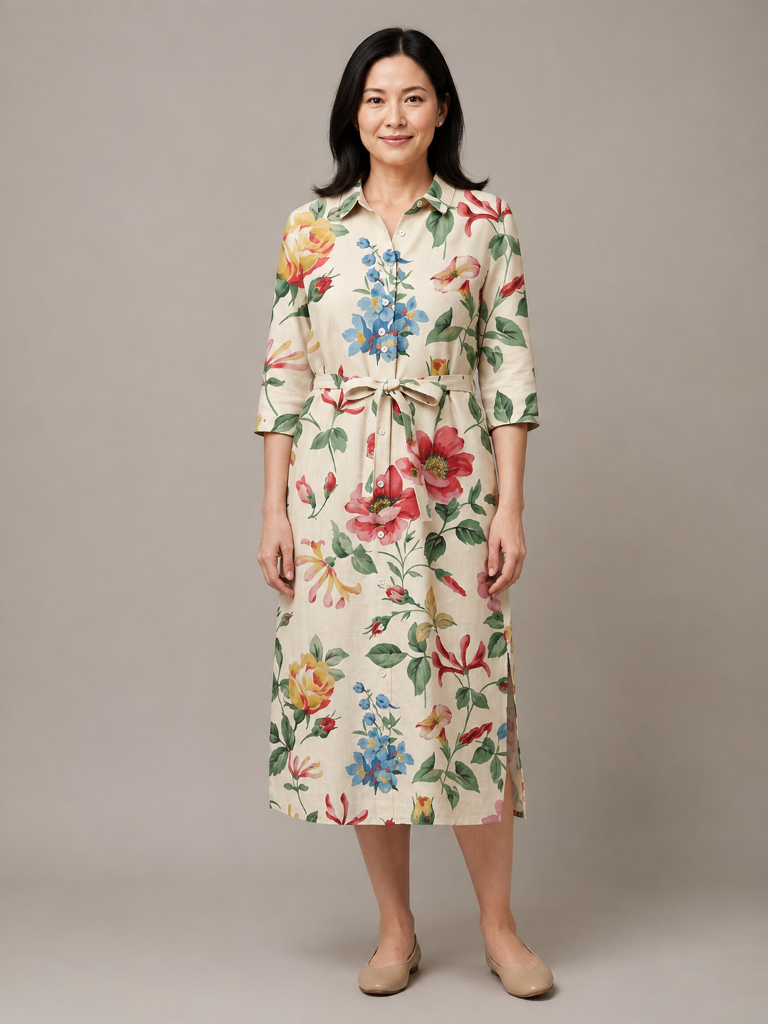 Maribel | Button Front Half Sleeve Floral Midi Dress