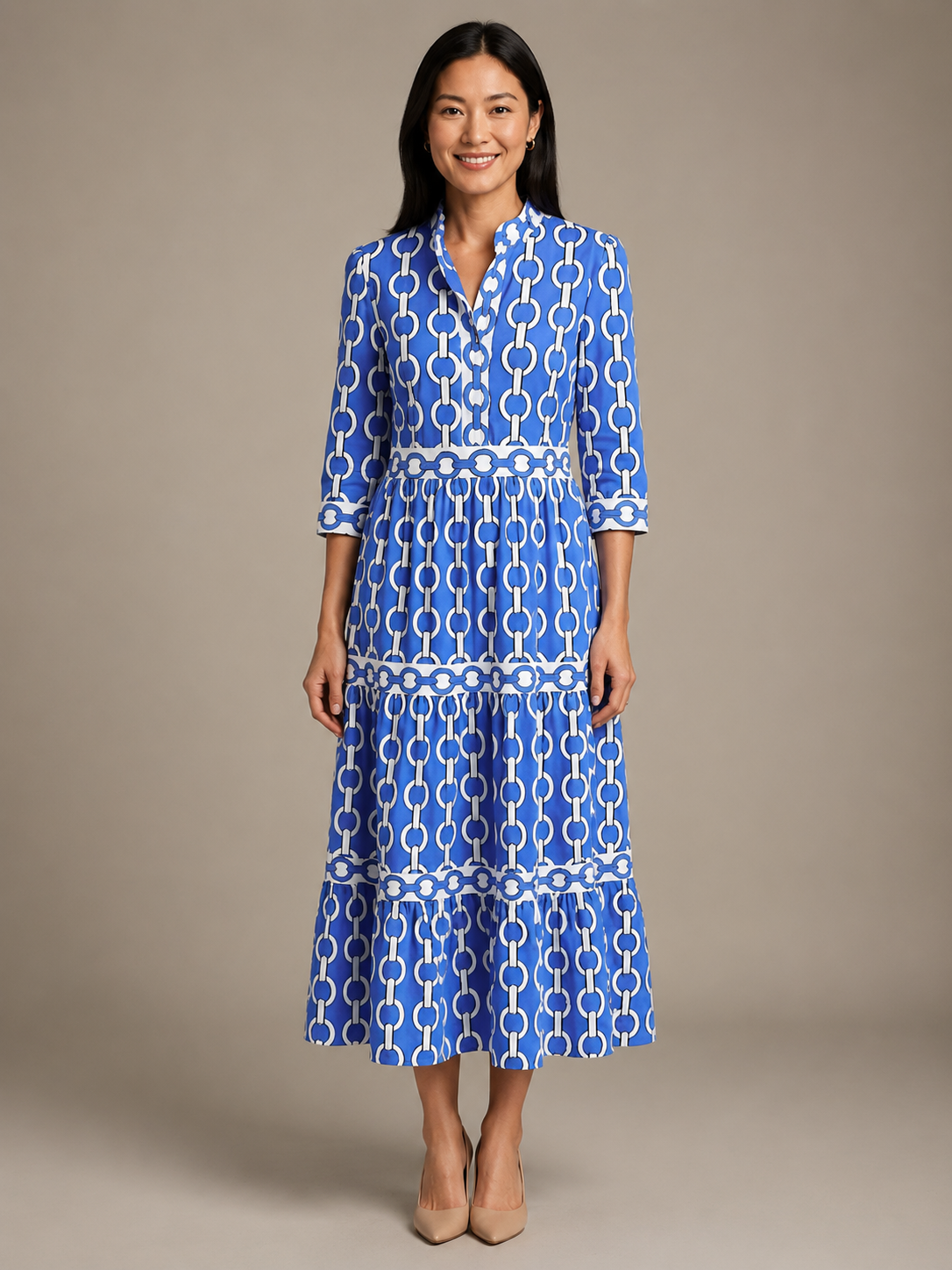 Ysolde | Three Quarter Sleeve Chain Pattern Midi Dress