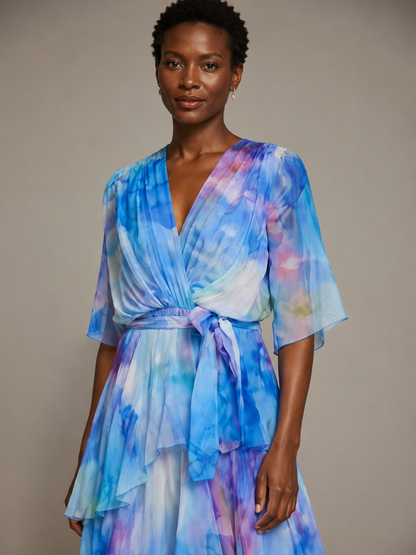 Calista | Sheer Layered V Neck Tie Waist Maxi Dress