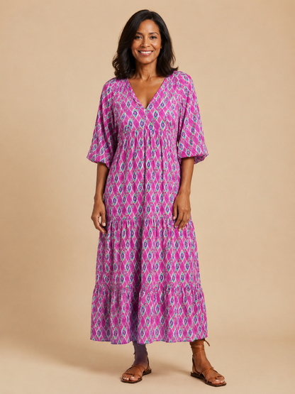 Apolline | Three Quarter Sleeve V Neck Patterned Midi Dress