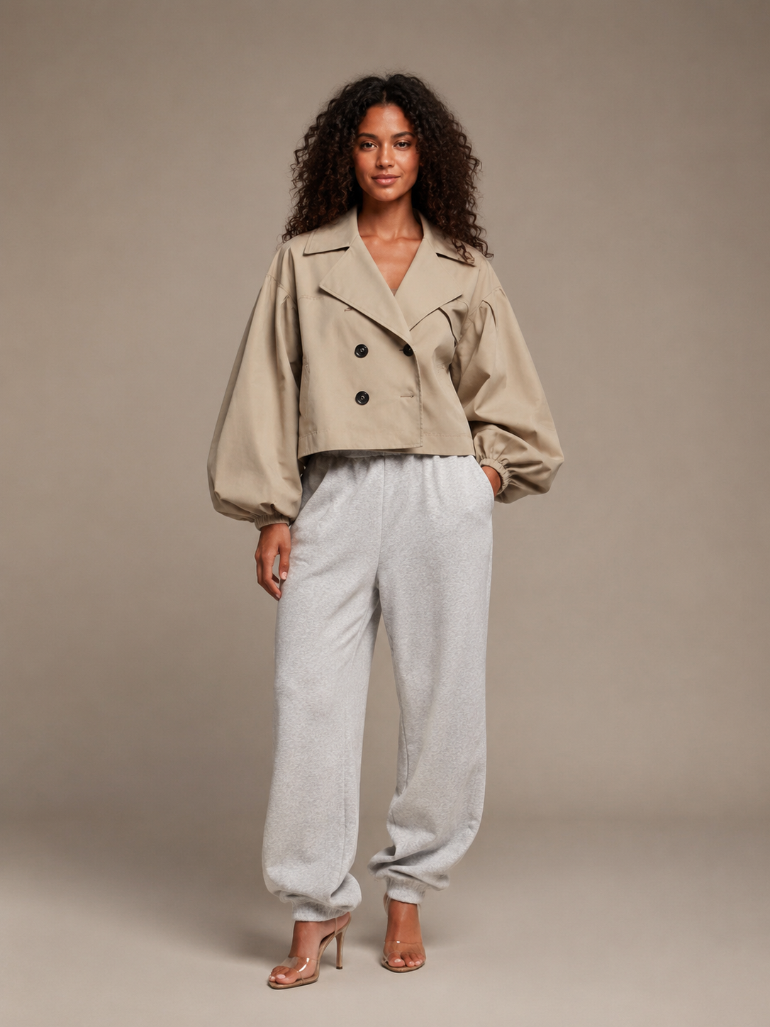 Balloon Sleeve Cropped Trench Jacket - Cream