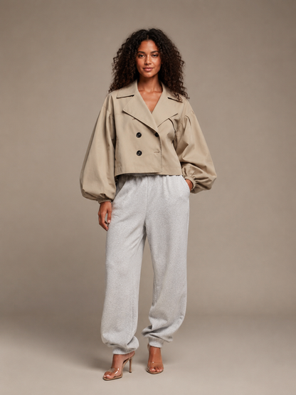 Balloon Sleeve Cropped Trench Jacket - Cream