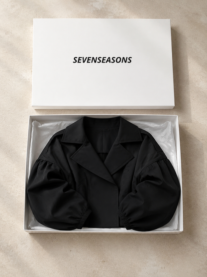 Balloon Sleeve Cropped Trench Jacket - Black